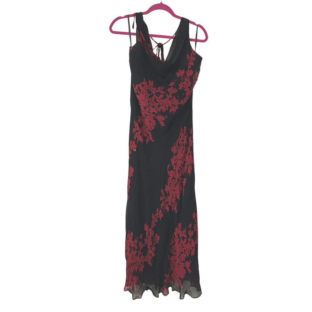 Whimsigoth Black Red Floral Embroidered Sequin Cowl Neck Maxi Dress 16 Halter